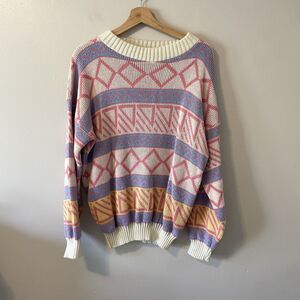 Vintage 80s 90s Pastel Colorful Knit Sweater Oversized Drop Shoulder